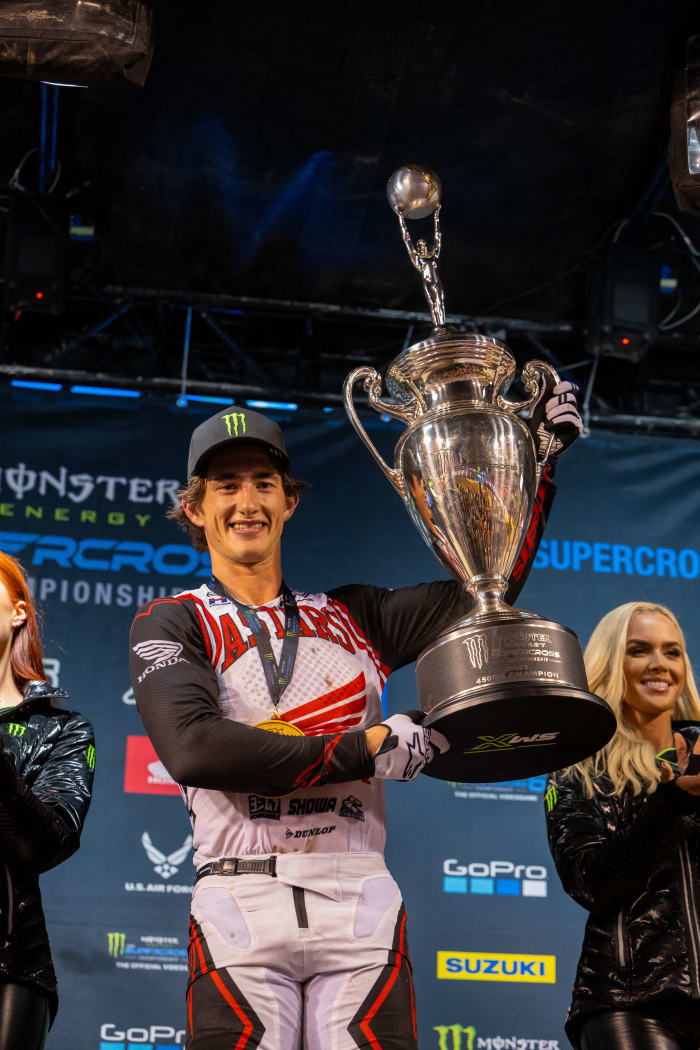 An ecstatic Chase Sexton celebrates winning the 2023 Supercross championship Saturday in Salt Lake City. Photo: Feld Motor Sports/Align Media.